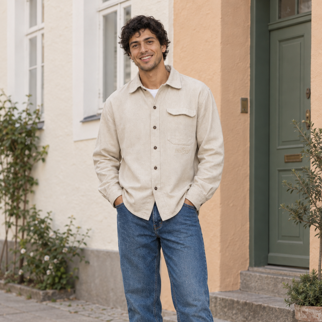 A man wearing a light beige hemp long-sleeve button-up shirt and blue jeans stands on a cobblestone street in front of a building with a green door.