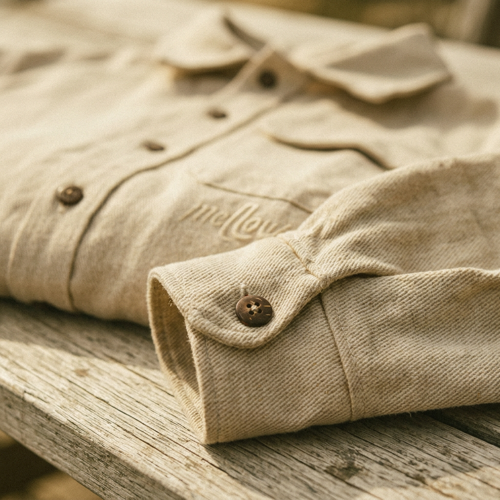 Beige hemp jacket with brand logo on a wooden surface