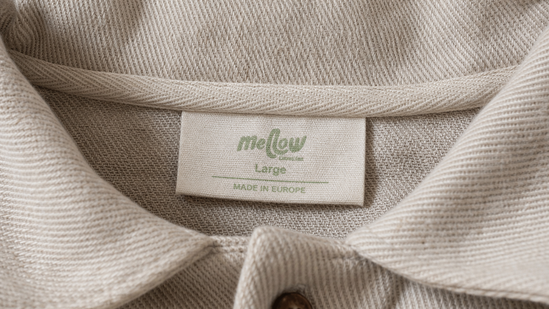 Close-up of a label on beige fabric with 'mellow' branding.