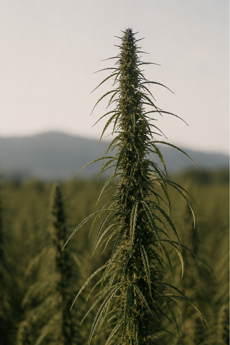 Tall hemp plant in a field with a blurred background