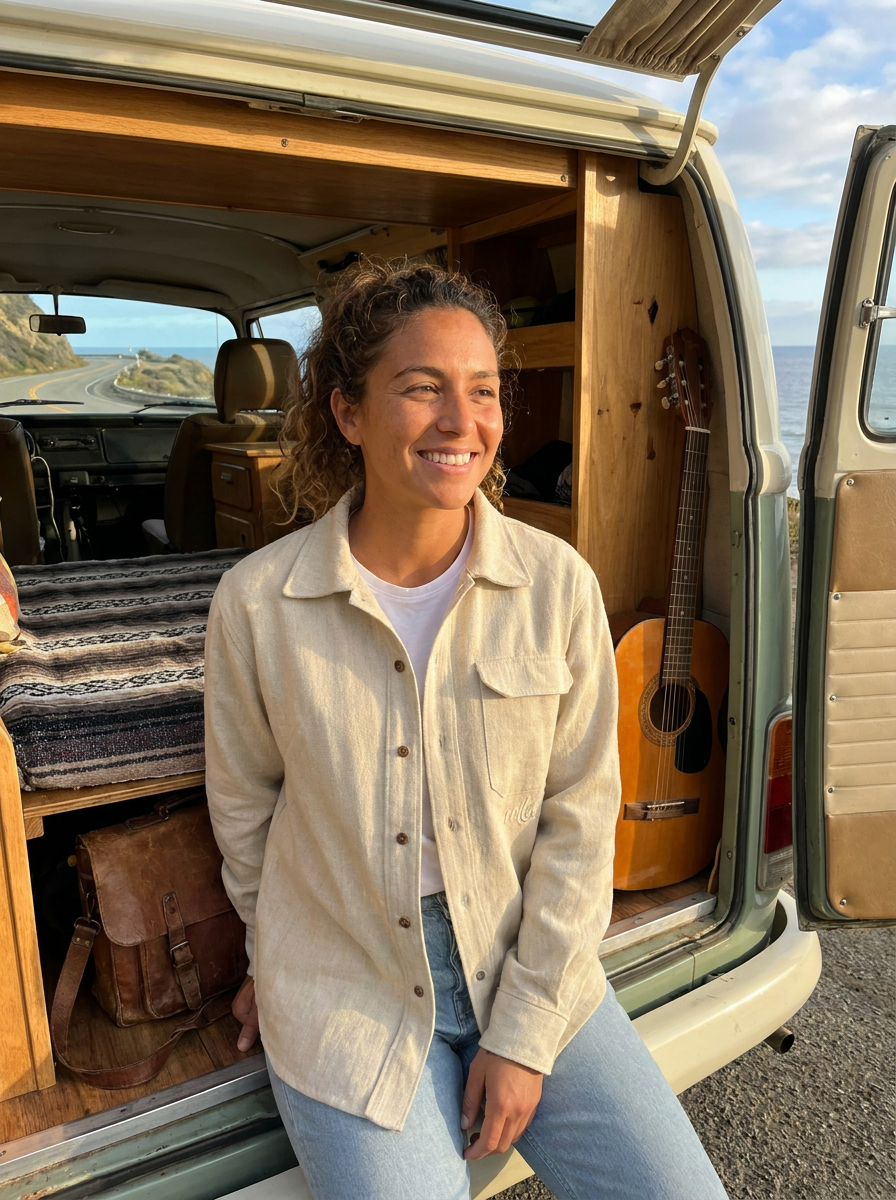 A woman smiling and sitting at the open rear door of a vintage camper van, wearing a light beige hemp button-up shirt over a white t-shirt and light blue jeans. The interior of the van features wood paneling, a guitar, and a bed setup, with the ocean and coastline visible in the background.