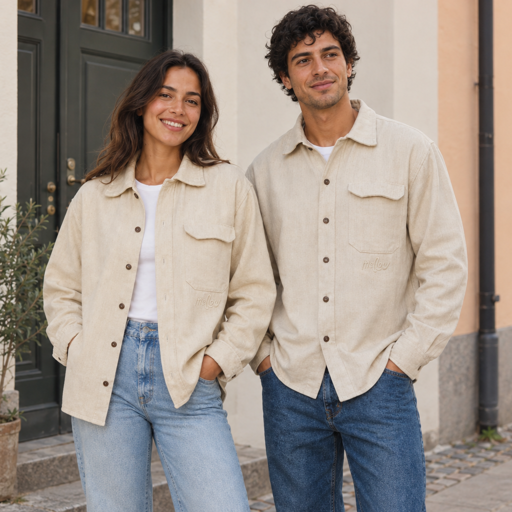 A man and a woman standing outdoors in front of a building, wearing matching light beige hemp button-up overshirts over white t-shirts and blue jeans.