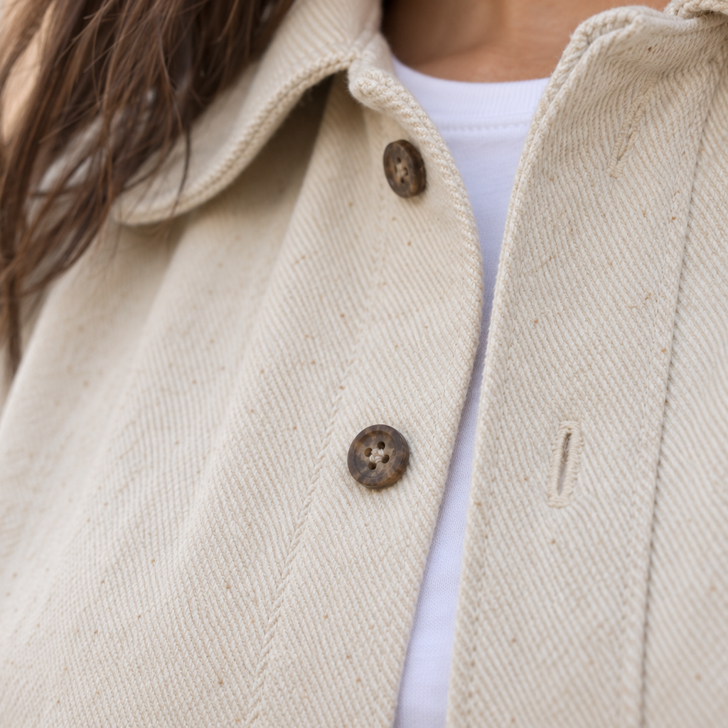 Close-up of a person wearing a hemp textured cream-colored herringbone jacket over a white t-shirt, showing the fabric texture and dark brown buttons.