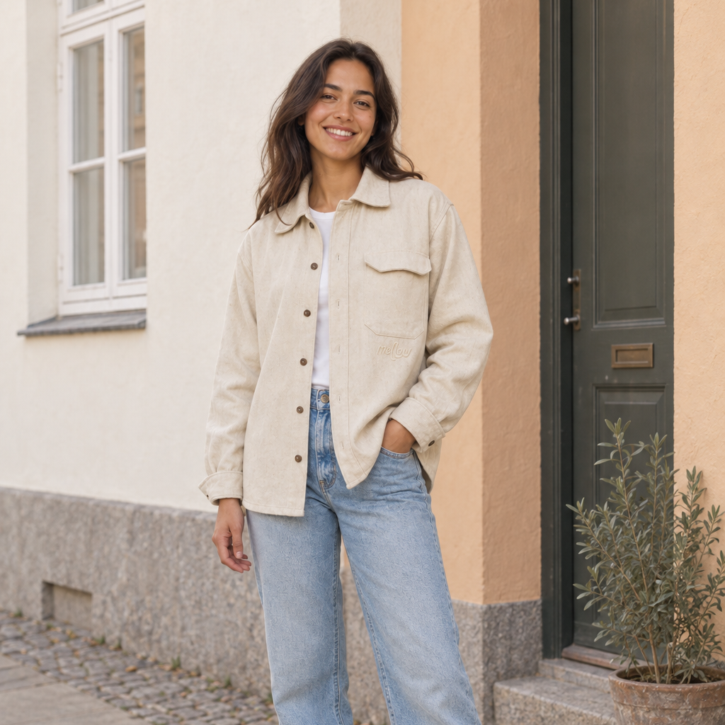 A woman stands outdoors on a cobblestone street in front of a building, wearing a light beige hemp button-up overshirt over a white top and light-wash blue jeans with brown shoes.