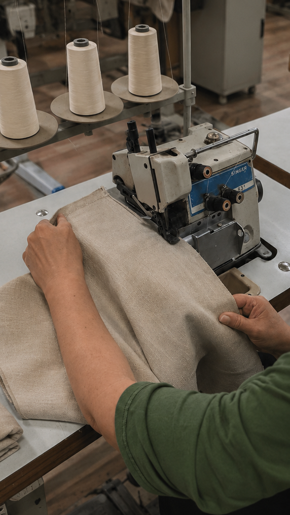 Person working with hemp fabric in a sewing workshop